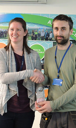 Award for the AbbVie/Creon project in recognition of outstanding contribution to safety. Gary McAuliffe accepting on behalf of Matthew O Donnell (O Sheas Electrical) being presented with award by Collette Dunne (AbbVie -EHS)